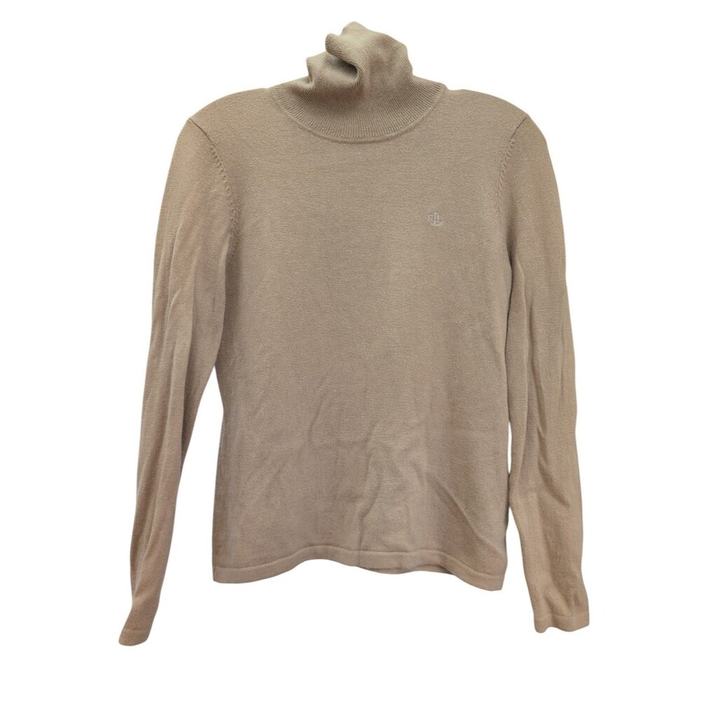 Lauren Ralph Lauren Petite S Brown Merino Wool Angora Turtleneck Sweater Logo